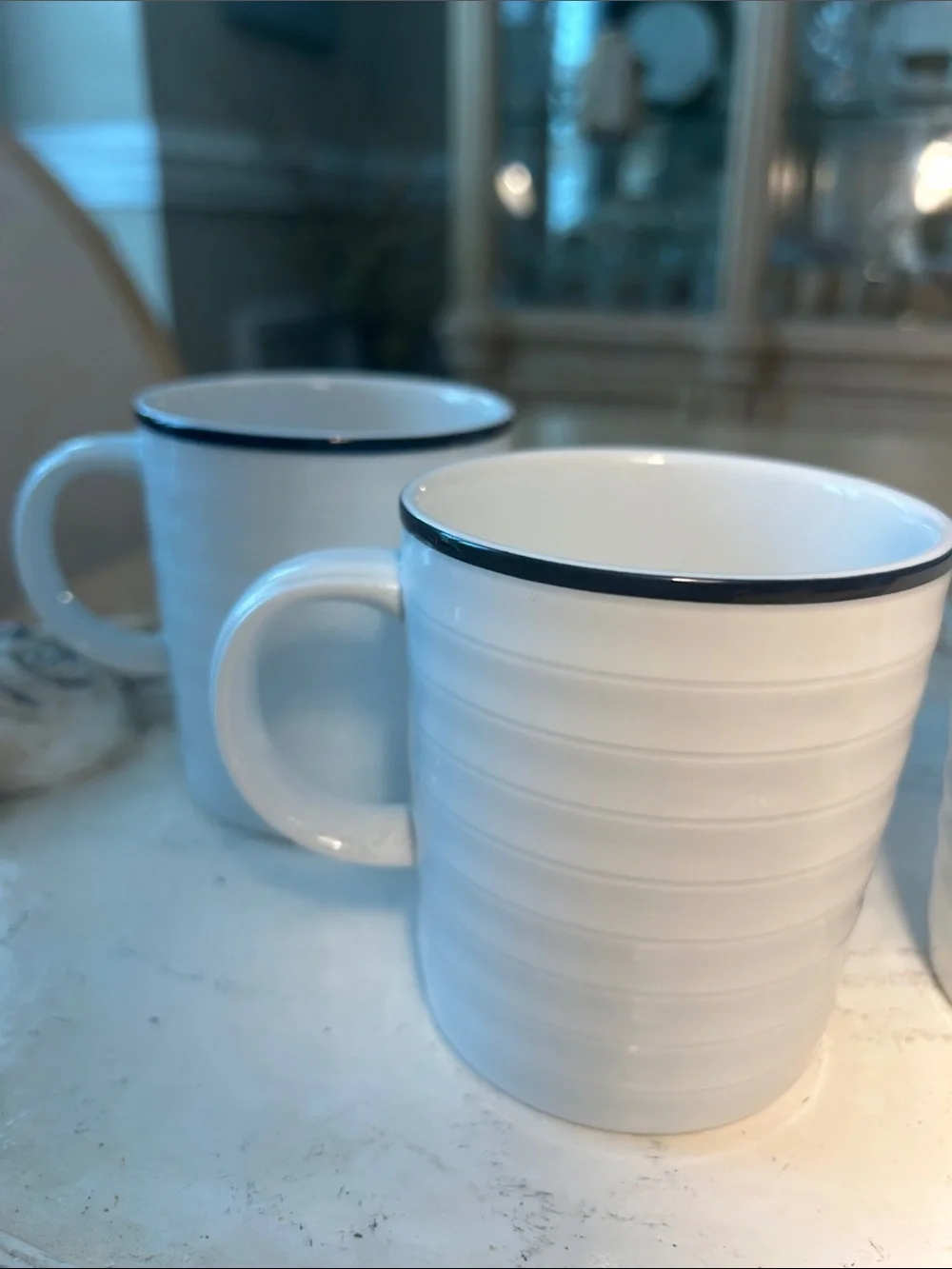 Crate&Barrel White Ceramic Mugs with Navy Rim - Set of 4